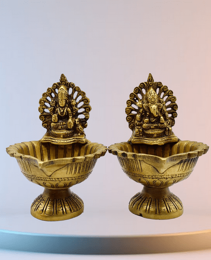 Brass Pooja Diya With Lakshmi Ganesha Idol