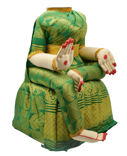 Varamahalakshmi Idol With Green And Gold Saree- Puja N Pujari