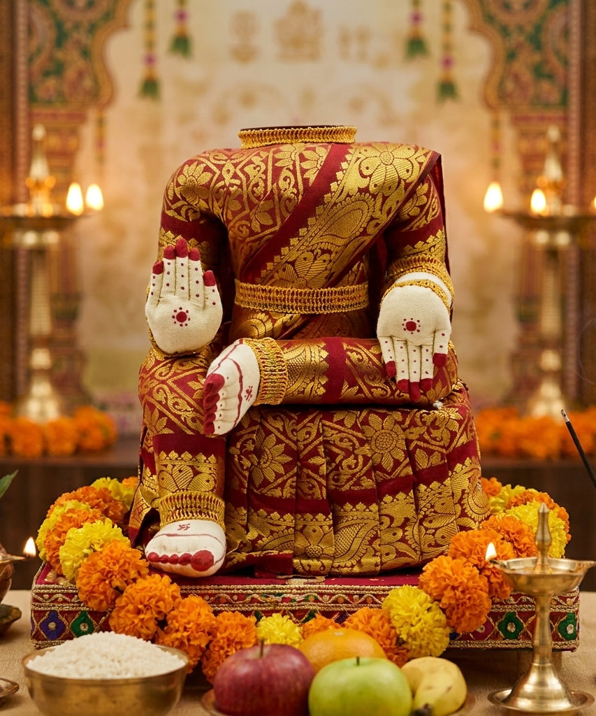Varamahalakshmi Doll In Brown Gold Saree Amman Idol