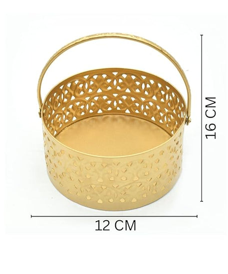 Metal Round Flower Basket With Handle Best For Puja Dining Table And Home Decoration Fruit