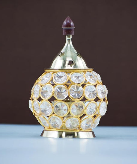 Akhand Diya Decorative Brass Oval Shaped Crystal Oil Lamp