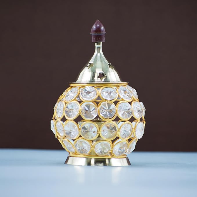 Akhand Diya Decorative Brass Oval Shaped Crystal Oil Lamp