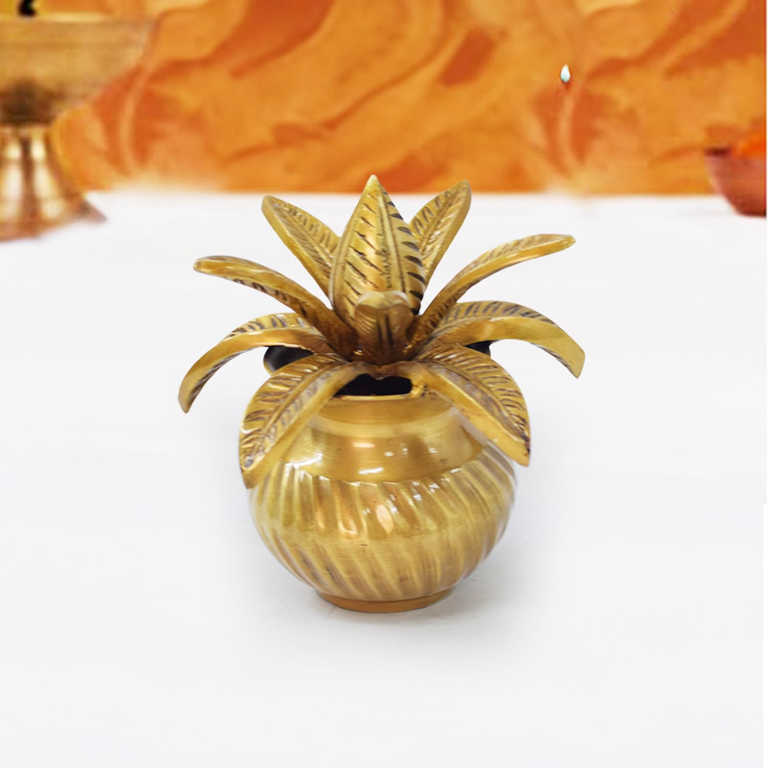 Brass Kalash with Coconut,Mango Leaves, mangal Kalasha Nariyal and Leafs