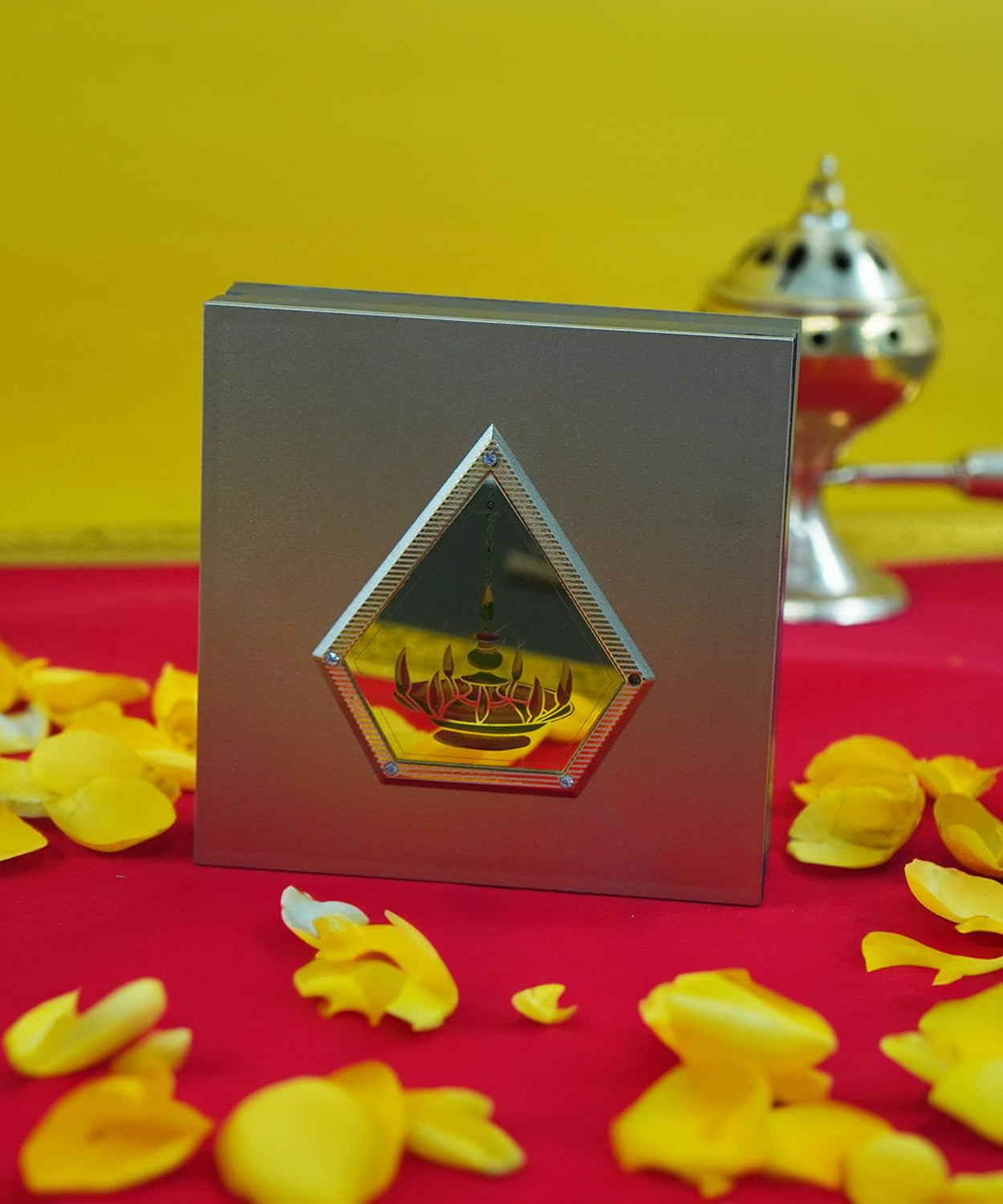 Lakshmi and Ganesh Photo Frame with Shubh Labh Charan Paduka for Pooja Room, Return Pooja Gift Box Set