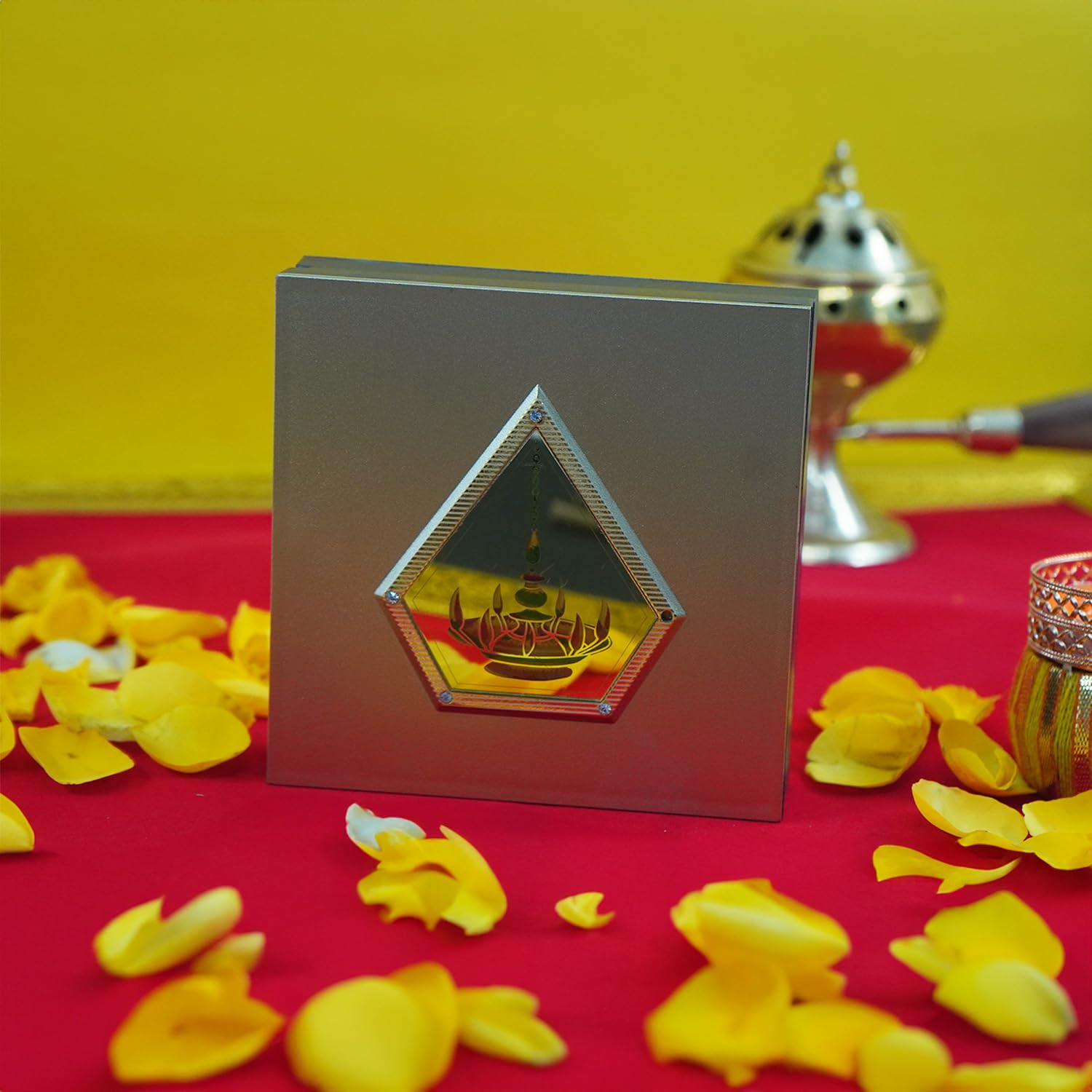 Lakshmi and Ganesh Photo Frame with Shubh Labh Charan Paduka for Pooja Room, Return Pooja Gift Box Set