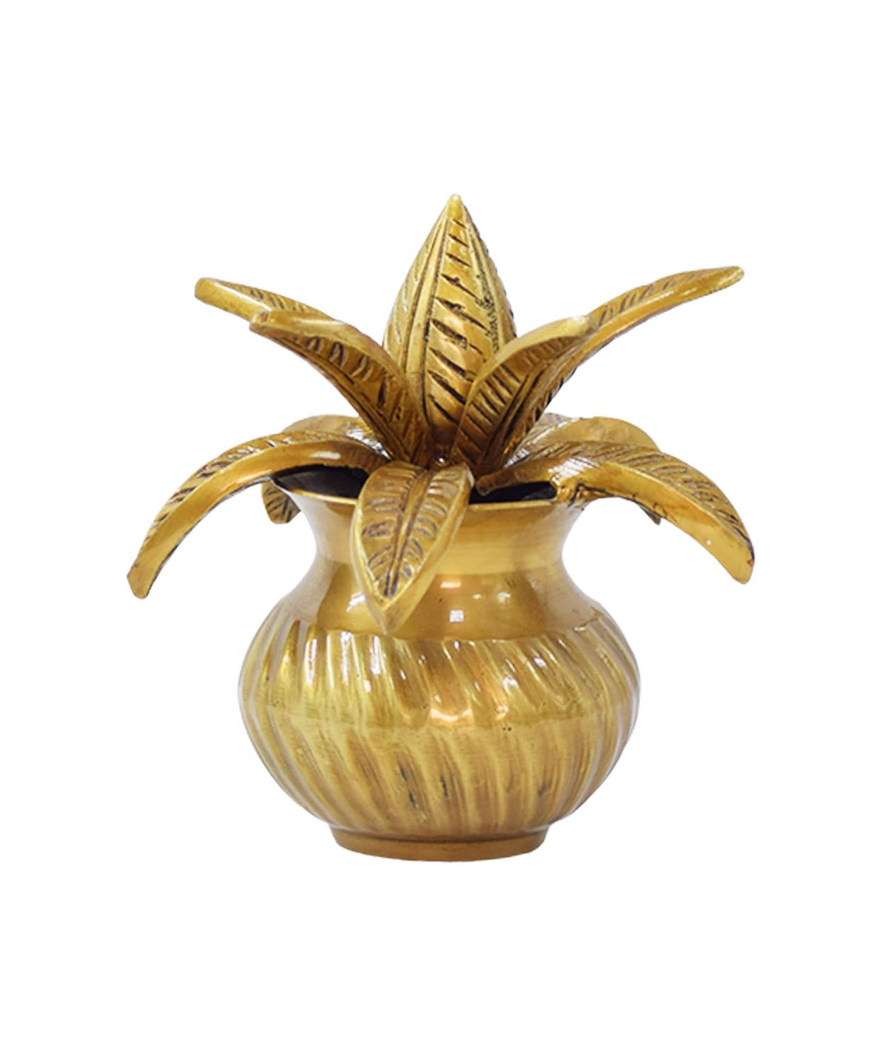 Brass Kalash with Coconut,Mango Leaves, mangal Kalasha Nariyal and Leafs