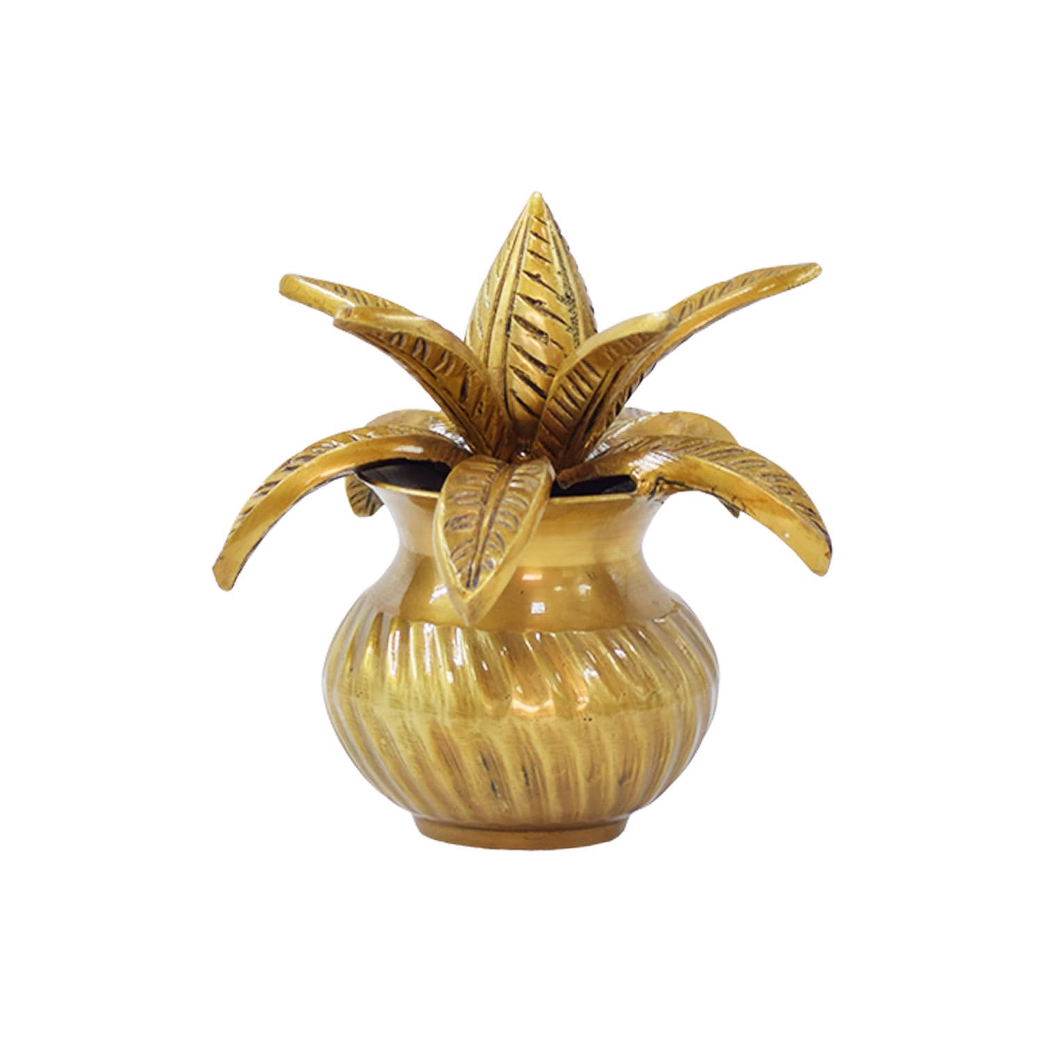 Brass Kalash with Coconut,Mango Leaves, mangal Kalasha Nariyal and Leafs