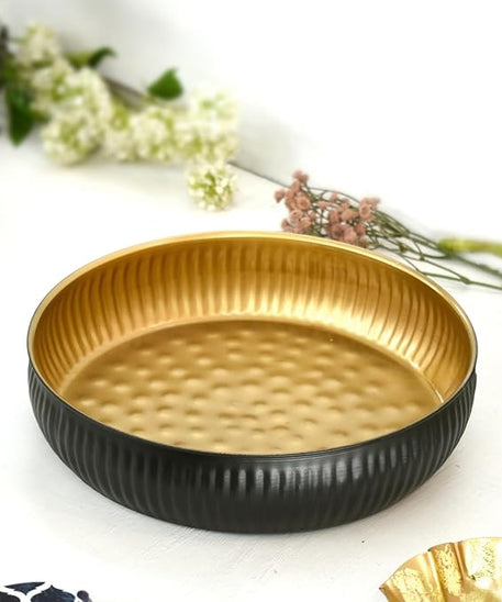 Ribbed Black & Matte Gold Urli Bowl |-10-Inch Handcrafted Decorative Bowl for Floating Flowers .