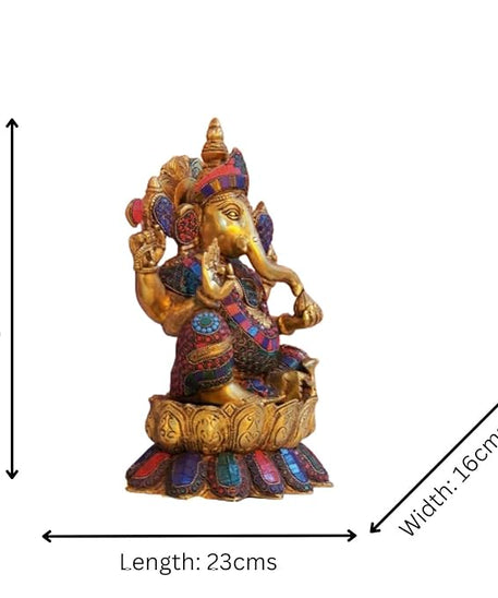 Lord Lakshmi Ganesh Brass Idol with Stone Work -Lord Lakshmi Ganesha Sitting On Lotus Flowers Idol Multicolour (13 Inch).