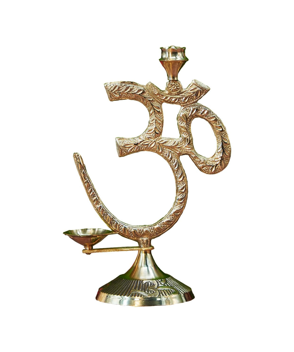 Om Symbol with Brass Diya Oil Lamp and Incense Holder,Table top Brass Diya with Agarbatti Stand. ( 17 Cm Height).