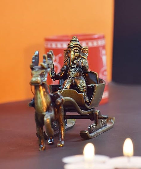 Brass Lord Ganesha Savari Antique Showpiece,Ganesh Riding Reindeer Santa.