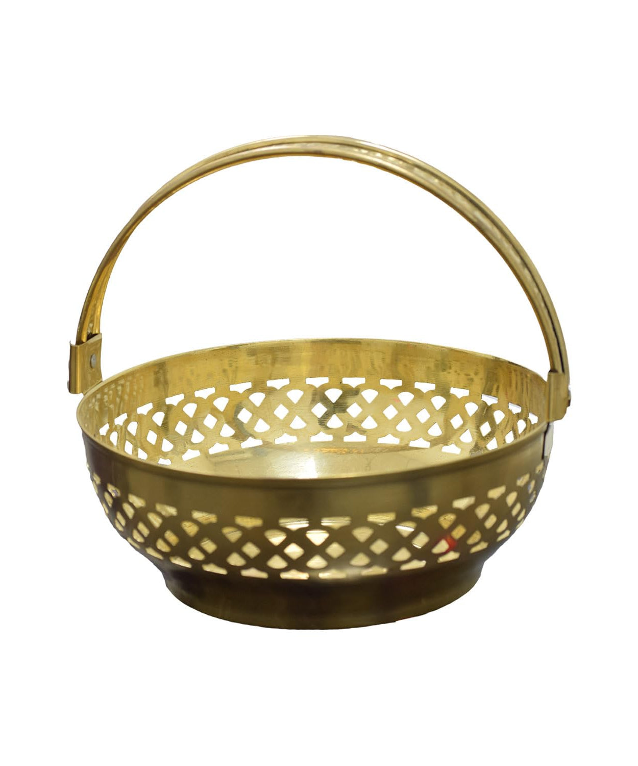 Traditional Brass Round Shape Puja Flower Basket, Temple Basket (Gold, Diameter 8 Inch)
