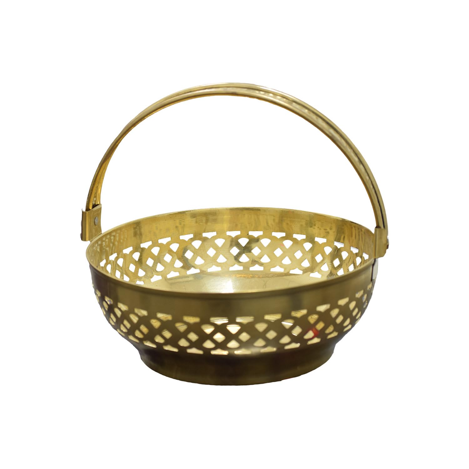 Traditional Brass Round Shape Puja Flower Basket, Temple Basket (Gold, Diameter 8 Inch)