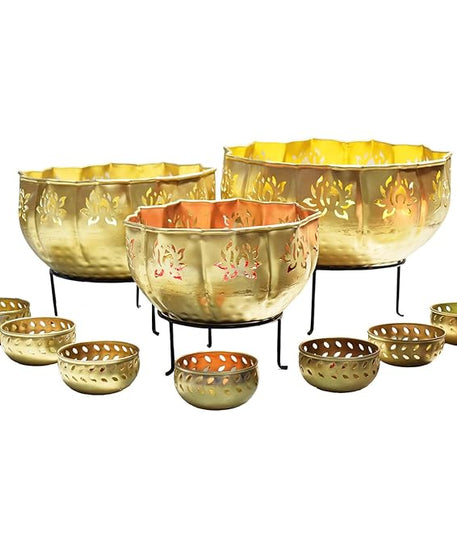 Urli with Stand Pot for Floating Flower/Candle Festival Decoration Urli Bowl Diwali - Urli Bowl for Home Decoration Iron Lotus (Set of 3).
