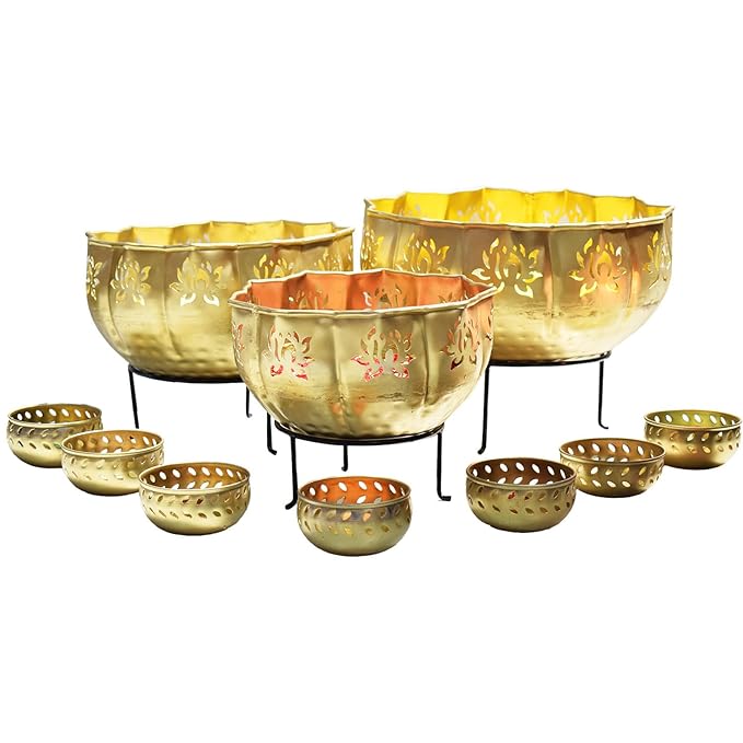 Urli with Stand Pot for Floating Flower/Candle Festival Decoration Urli Bowl Diwali - Urli Bowl for Home Decoration Iron Lotus (Set of 3).