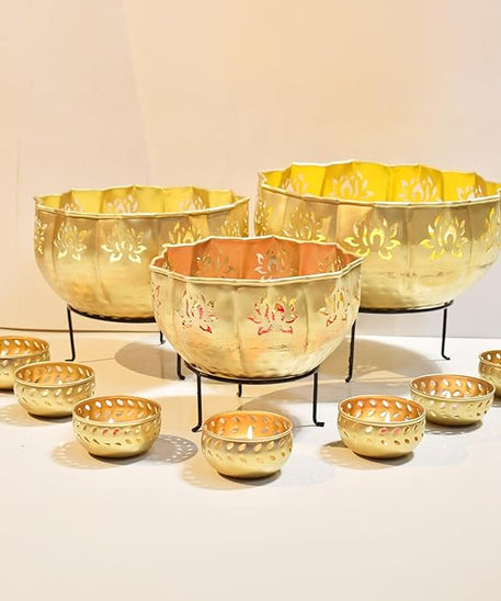 Urli with Stand Pot for Floating Flower/Candle Festival Decoration Urli Bowl Diwali - Urli Bowl for Home Decoration Iron Lotus (Set of 3).