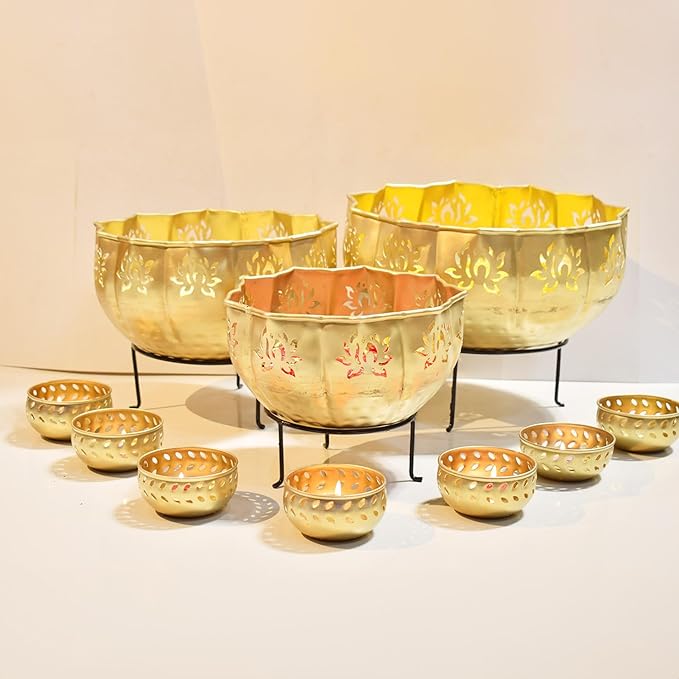 Urli with Stand Pot for Floating Flower/Candle Festival Decoration Urli Bowl Diwali - Urli Bowl for Home Decoration Iron Lotus (Set of 3).
