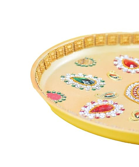 Beautiful Kundan Fancy Pooja Plate, Metal Colorful Pooja Thali Set.