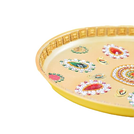 Beautiful Kundan Fancy Pooja Plate, Metal Colorful Pooja Thali Set.