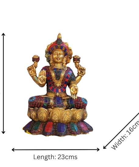 Lord Lakshmi Ganesh Brass Idol with Stone Work -Lord Lakshmi Ganesha Sitting On Lotus Flowers Idol Multicolour (13 Inch).