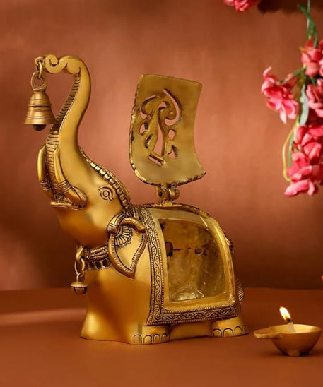Brass Elephant Lamp with Small Diya,Dhoopdani Elephant Holder with Bell (10.5 Inch height )