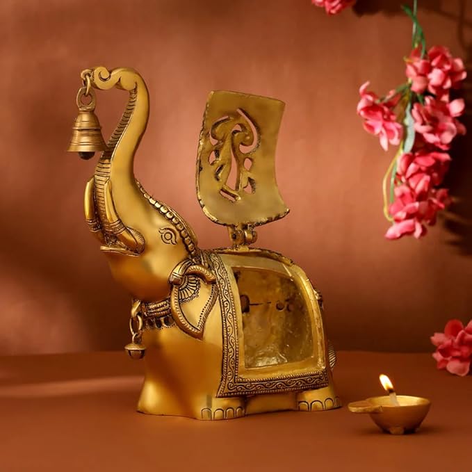 Brass Elephant Lamp with Small Diya,Dhoopdani Elephant Holder with Bell (10.5 Inch height )