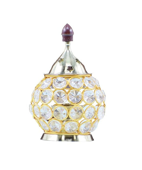 Akhand Diya Decorative Brass Oval Shaped Crystal Oil Lamp