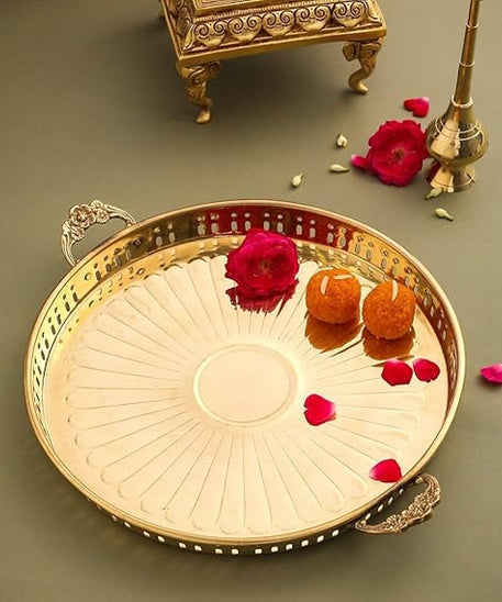 Embossed Design Brass Puja Thali with Handle,