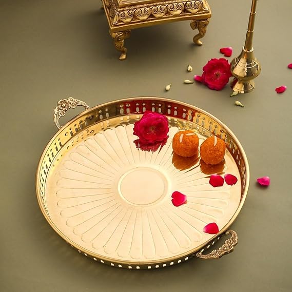 Embossed Design Brass Puja Thali with Handle,