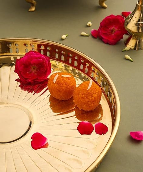 Embossed Design Brass Puja Thali with Handle,