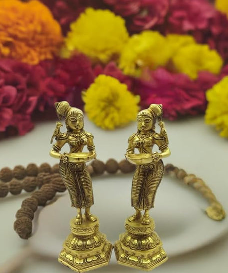 brass deepa lady, each one dms 2ps set puja and home decor