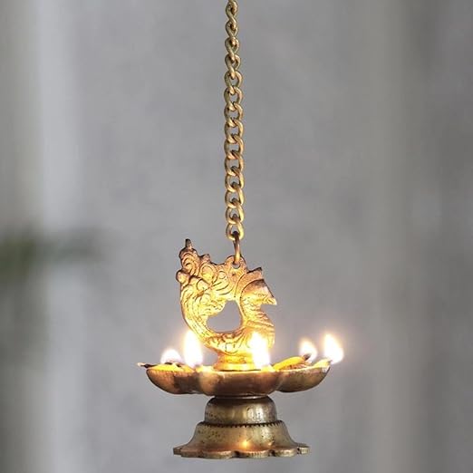 Peacock Brass Hanging Diya with Chain for Pooja