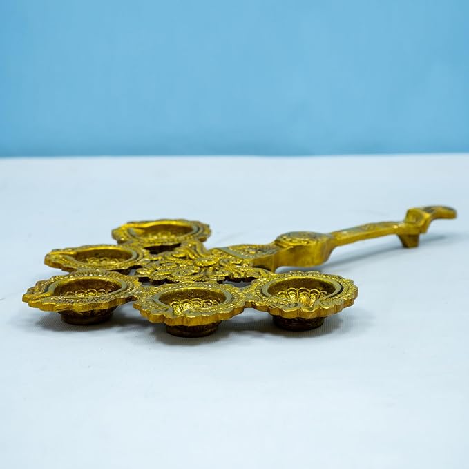 Brass Pancha Aarti Diya - 5 Wick Pooja Aarti Diya with Handle