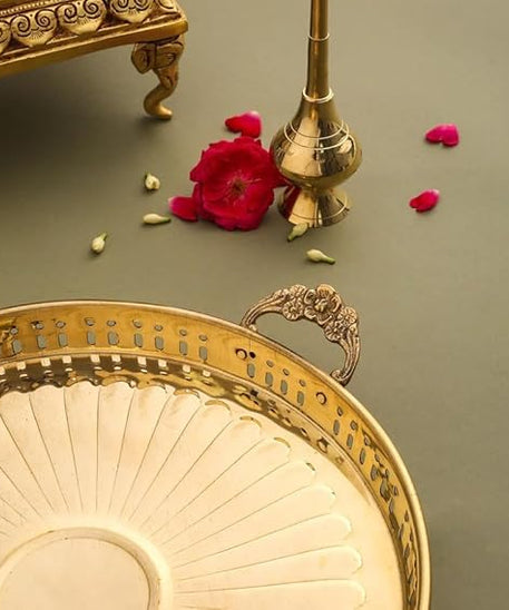 Embossed Design Brass Puja Thali with Handle,