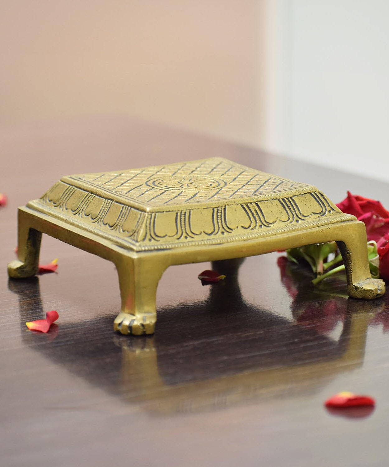 Brass Square Pooja Chowki with Lotus Design