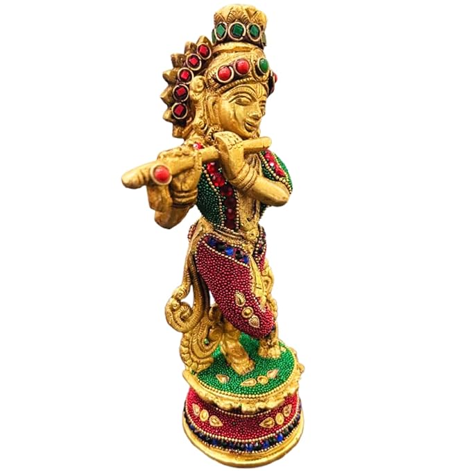 Brass Krishna Idol Statue Playing Flute Multicolor Handwork for Puja Mandir Krishna Murti Sculpture Gift & Home Decor(Height: 9 Inches) (Multicolor-1)