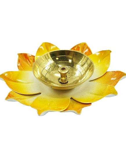 Brass Lotus Flower Diya Lamp In Yellow