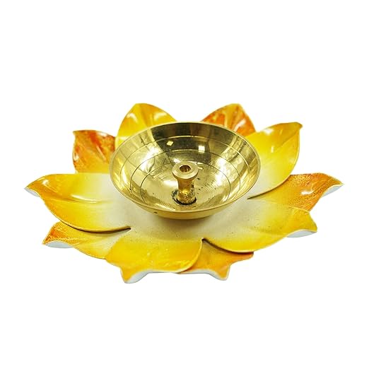 Brass Lotus Flower Diya Lamp In Yellow