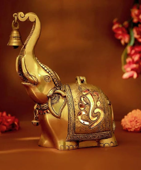 Brass Elephant Lamp with Small Diya,Dhoopdani Elephant Holder with Bell (10.5 Inch height )