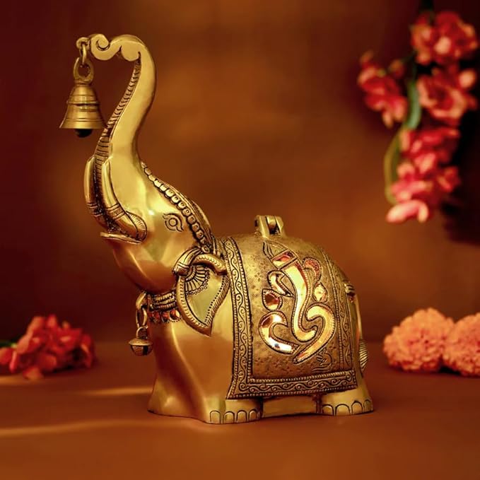 Brass Elephant Lamp with Small Diya,Dhoopdani Elephant Holder with Bell (10.5 Inch height )