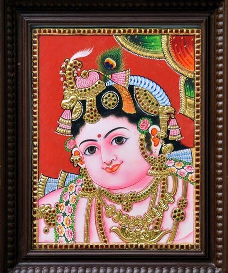 Krishna Tanjore Painting with Teakwood Frame