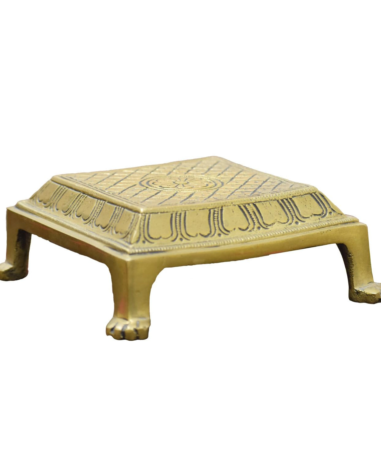Brass Square Pooja Chowki with Lotus Design