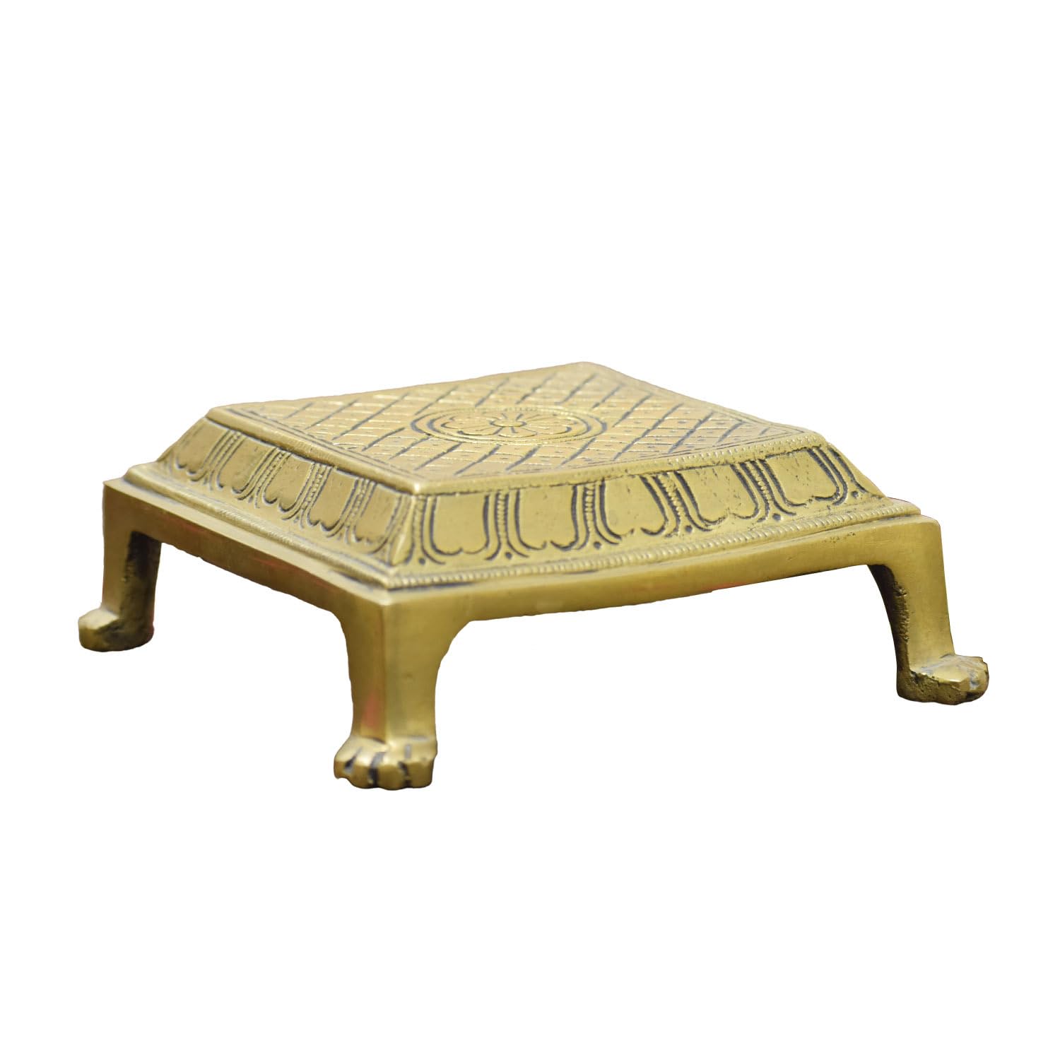Brass Square Pooja Chowki with Lotus Design