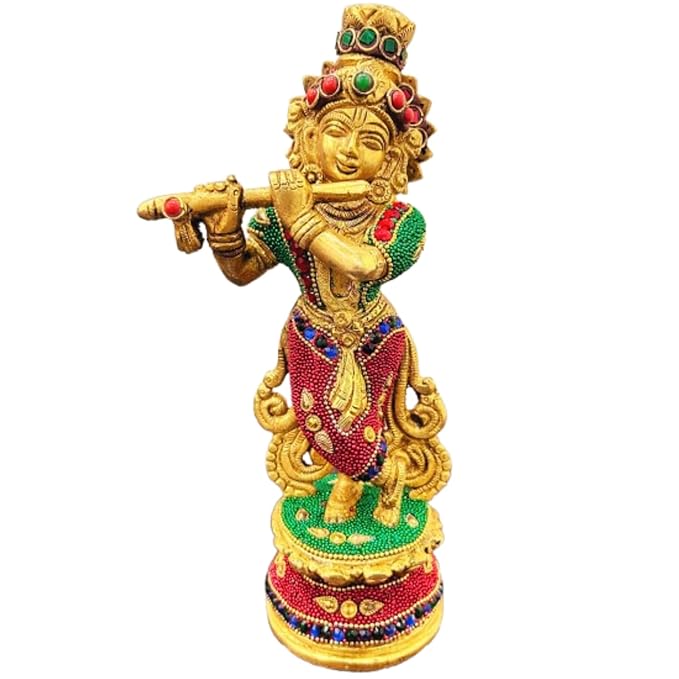 Brass Krishna Idol Statue Playing Flute Multicolor Handwork for Puja Mandir Krishna Murti Sculpture Gift & Home Decor(Height: 9 Inches) (Multicolor-1)