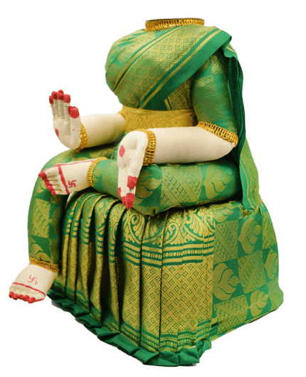 Varamahalakshmi Idol With Green And Gold Saree- Puja N Pujari