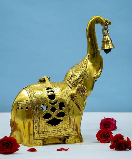 Brass Elephant Lamp with Small Diya,Dhoopdani Elephant Holder with Bell (10.5 Inch height )