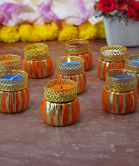 Handcrafted Multi Colour Damroo Shape Holding Tea Light Holder for Diwali and/Home Decor (Set of 9 with Tealight Candles)