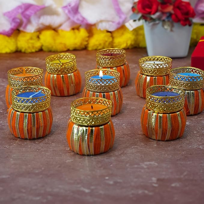 Handcrafted Multi Colour Damroo Shape Holding Tea Light Holder for Diwali and/Home Decor (Set of 9 with Tealight Candles)