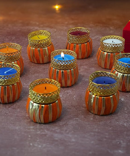 Handcrafted Multi Colour Damroo Shape Holding Tea Light Holder for Diwali and/Home Decor (Set of 9 with Tealight Candles)