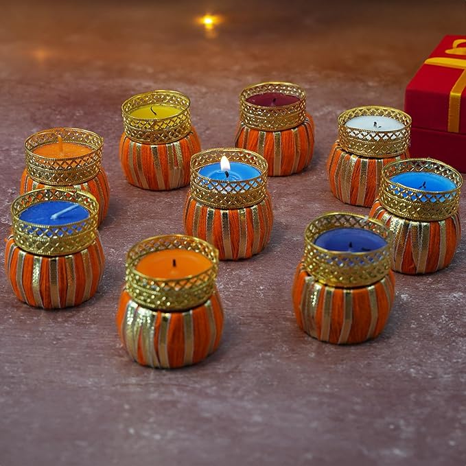 Handcrafted Multi Colour Damroo Shape Holding Tea Light Holder for Diwali and/Home Decor (Set of 9 with Tealight Candles)